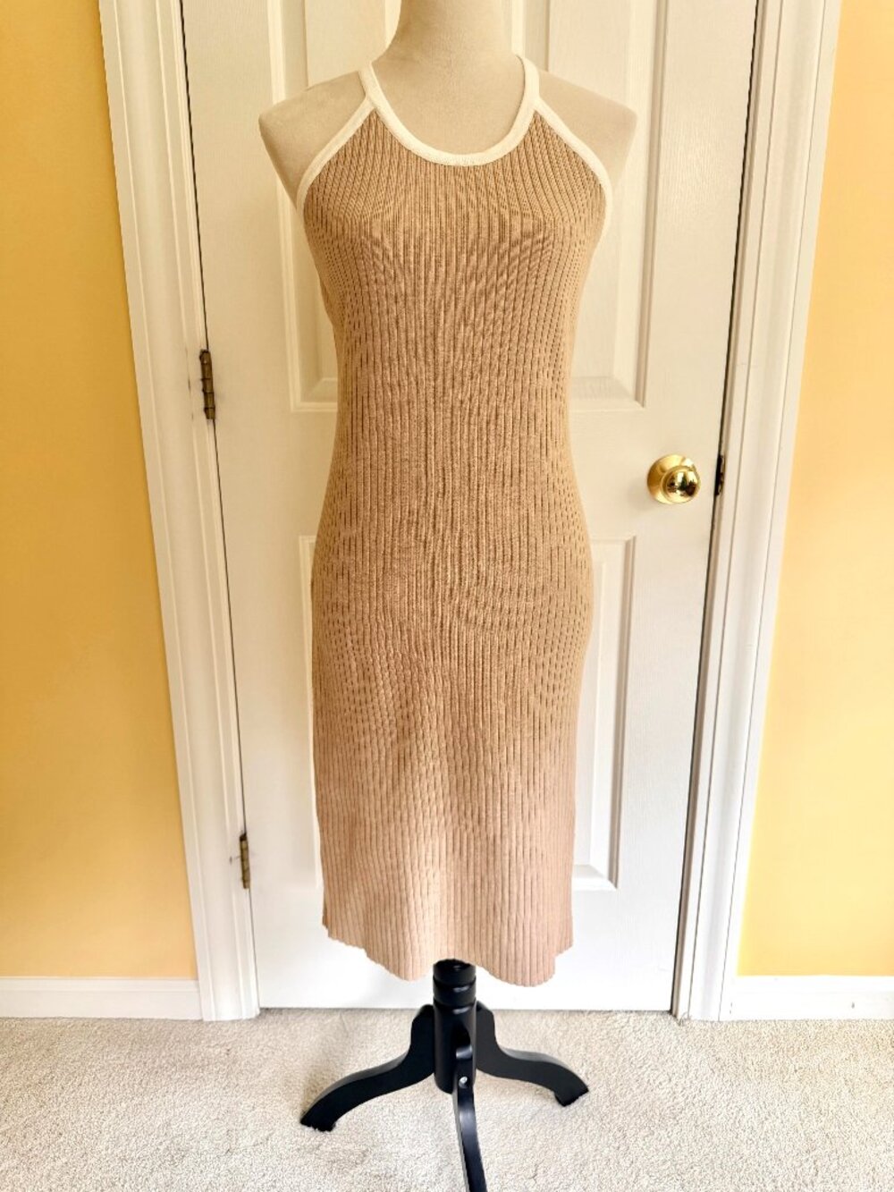 C&C CALIFORNIA tan taupe beige ribbed knit tank sleeveless halter dress, sz S.